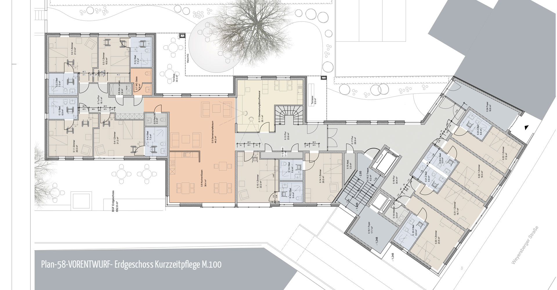 Plan Vorentwurf Erdgeschoß Solingen Kurzzeitpflege und Wohnen, Architektenbüro mga consult Rheinbreitbach, Konzeption und Planung