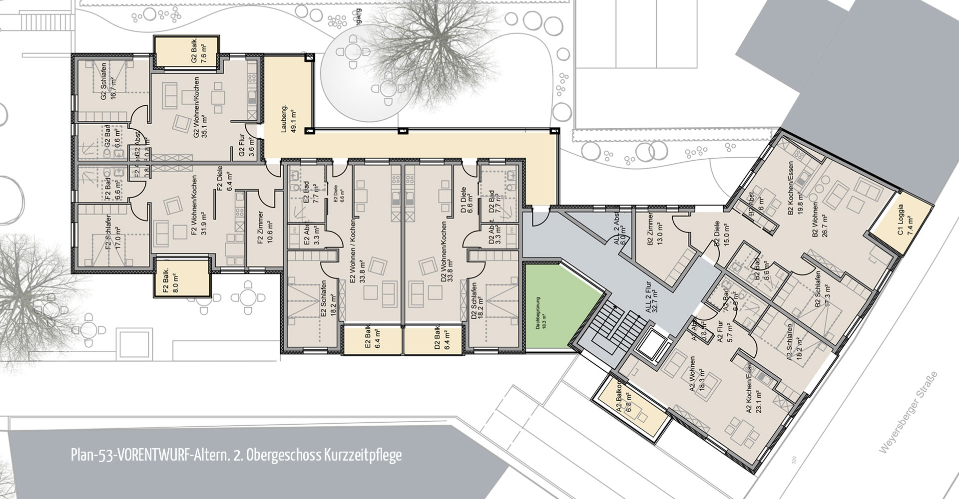 Plan alternativ Vorentwurf Obergeschoß  Solingen Kurzzeitpflege und Wohnen, mga consult Rheinbreitbach, Konzeption und Planung